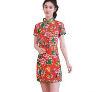 Cheongsam Kleid, chinesischer Stil, kurz, modifiziert, Retro-Nordosten-Blumendruck, schmale Passform, Qipao-Kleid für Damen, Laufsteg-Stil (3XL, Rot)