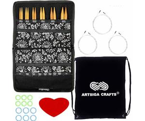 ChiaGoo Rundstricknadel-Set, Spinn-Bambus, 12,7 cm, groß, austauschbar, Größen 9-15, mit Maschenmarkierer, Artsiga Craft-Projekt-Tasche