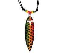 Chic-Net® Surferkette Holzkette Haifischzahn Surfbrett rund bemalt Perlen Holz Baumwolle verstellbar Halbmond Mond Fisch Spirale Kette Halskette Damen Herren Männer Frauen Strand Pool Rasta Rastafarif