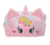 CHICAMPERA Süße Einhorn Kosmetiktasche und Make Up Essentials für Mädchen aus Plüsch Praktische Schminktasche mit Cartoon Motiv Rosa Kulturbeutel für Reise
