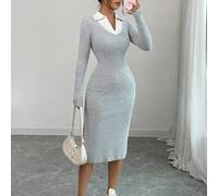 ChicEase elegantes modisches schwarz-weißes Farbblock-Kleid aus elastischem Strick mit asymmetrischem Saum, Schlitz, V-Ausschnitt, Hemdkragen und kurz