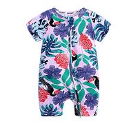 Chickw1 Baby Body Strampler Einteiliger für Mädchen, Sommer Blumen Tier Drucken Kurzarm Baumwolle Spielanzug Schlafanzug für Neugeborene,Babies und Kleinkinder (80cm,Lila Tukan)
