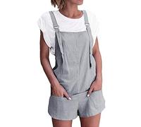 Chickw1 Damen Kurze Latzhose Retro Baumwolle Leinen Overall Jumpsuit, Sommer Mode Baggy Latzshorts mit Taschen Casual Hosen Neu Baggy Casual Overalls Playsuit Hose Hosenanzug (S,grau)