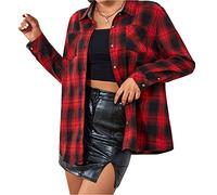 Chickwin Damen Kariertes Hemd aus Flanell Bluse Button-down Langarmhemd Klassische Passform Casual Karohemd Loose Hemdbluse mit Tasche Jacke Mantel S-2XL