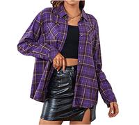 Chickwin Damen Kariertes Hemd aus Flanell Bluse Button-down Langarmhemd Klassische Passform Casual Karohemd Loose Hemdbluse mit Tasche Jacke Mantel S-2XL
