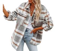 Chickwin Kariertes Hemd Damen, Plaid Shirt Button Down Boyfriend Dicke Langarm Hemdbluse Oversize Revers Karohemd V-Ausschnitt Mode Lässig Roll Up Blusenshirt mit Tasche Casual