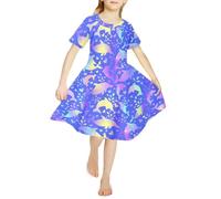 Chickwin Kleider für Mädchen 4-14 Jahre, Kleid Mädchen Farbverlaufs Delfin 3D Sommerkleid Kurzarm Mädchenkleid Casual Kleider für Mädchen Festlich Partykleid Blumenmädchenkleider