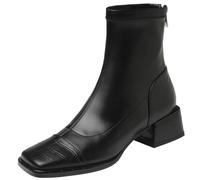 CHICMARK Damen Klobige Absätze Stiefeletten aus Rindsleder mit Quadratischer Spitze und Reißverschluss Hinten für den Winter (Schwarz, 38)