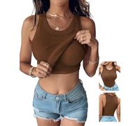 CHICME Eingebautes Tanktop für Damen, ärmellos, lässig, Racerback, gerippt, tailliertes Tank-Top, Kaffee, Groß