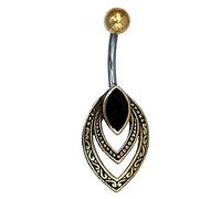 CHICNET Damen Herren Bauchnabel Bananen Piercing Nabelpiercing aus Edelstahl und Brass, Gold Silber, Stab 1.6 x 10mm, Stein oder Muschel Inlay, Doppelmandel