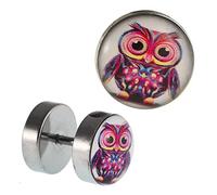 CHICNET Fake Piercing Plug Edelstahl Eule bunt große Kulleraugen 10 mm