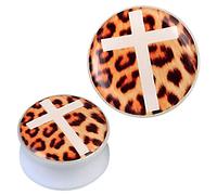 CHICNET Plug weiß Acryl Kreuz Leo Muster beige braun Piercing Ohrschmuck 10 mm