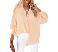Chicrise Button Down Shirt Damen Gesmokte Manschetten Bluse V-Ausschnitt Streifen Leichte Hemd Oversize Orange X-Klein 30-32