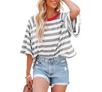 Chicrise Damen Oberteile Sommer Oversize Gestreift Kurzarm T-Shirt Rundhals Casual Mode Ringelshirt Grau Weiß Mittel 38-40