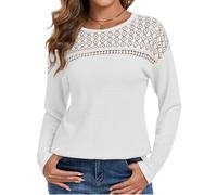 Chicrise Damen Oberteile Spitze Rundhals T Shirt Langarm Hollow Out Top Herbst Basic Weiß Groß 42-44