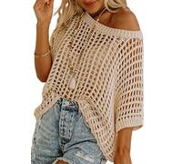 Chicrise Häkelpullover Damen Schulterfrei Rundhals Strickpullover Oversize Hakelnadel Cover Up Mesh Oberteil Lechit lässig