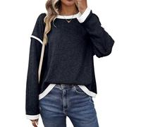 Chicrise Langarmshirt Damen Farbbloecke Herbst Sweatshirt Elegant Thermo Oversized Kusche Oberteilel Dicke Bequmen Schwarz 2X-Groß 50-54 2XL