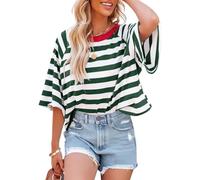 Chicrise Oberteile Damen Sommer Für Damen Casual Crop T-Shirts Trendy Gestreiftes Baggy Kurzarm Clothes Grün Weiß Groß 42-44