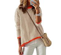 Chicrise Pullover Damen Round Neck Langarm Gestreifter Sweatshirt Gestrickt Farbblock Langarmshirt Braun-weiß Gestreift Klein 34-36