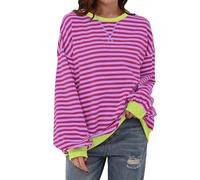 Chicrise Sweatshirt Damen Oversized Striped Langarmshirt Gestrickt Rund Ausschnitt Oberteile Rosa-violett Gestreift Klein 34-36