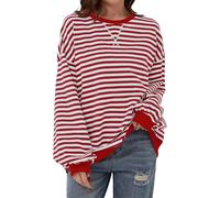 Chicrise Sweatshirt Damen Pullover Runde Ausschnitt Farbblock Gestreifter Langarmshirt Oversized Rot-Weiss Gestreift Mittel 38-40