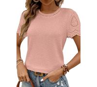 Chicrise Tunika Damen Sommer Kurzarm Bluse Spitze Rundhals Lochstickerei Shirt Strickt Luftig Mode Rosa X-Groß 46-48