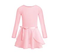 CHICTRY Ballettkleid Kinder Mädchen Langarm Tanzkleid Rundhals Ballett Body Einfarbig Trikot Mit Chiffon Wickelrock Dancewear Perle Rosa 122-128