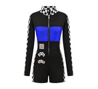 CHICTRY Damen Rennfahrer Kostüm Langarm Kariert Overall Kurz Jumpsuit Farbblock Patchwork Hosenanzug Tanzanzug Rennfahrerin Uniform Blau S