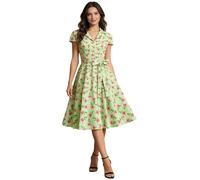 CHICTRY Damen Sommerkleid Swing Blumenkleid Kurzarm Freizeitkleid V-Ausschnitt Partykleid Abendkleid Rockabilly Kleid 1950er Jahre Vintage Grün L