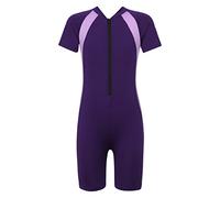 CHICTRY Kinder Junge Bademode Kurzarm Badeanzug Sportlich Halb Reißverschluss Badekleidung Farbblock Patchwock Schwimmanzug Wassersport Anzug Wettkampf Violett C 134-140