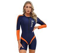 CHICTRY Neopren Taucheranzug Damen Langarm Surfanzug Shorty Hawaii Motiv Sport Badeanzug Reißverschluss Vorne Einteiler Bademode Mit Bein Swimsuit B Navy Blau XL