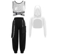 CHICTRY Tanzoutfits Mädchen Hip Hop Jazz Street Dance Kleidung Langarm Bauchfrei Hoodie Pailletten BH Top Buchstaben Print Cargohose Mit Metallkette Dancewear Silber 134-140