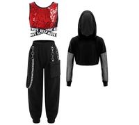CHICTRY Tanzoutfits Mädchen Hip Hop Jazz Street Dance Kleidung Langarm Bauchfrei Hoodie Pailletten BH Top Buchstaben Print Cargohose Mit Metallkette Dancewear Rot schwarz 134-140