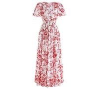 CHICWISH Maxikleid für Damen, kurze Blasen-Ärmel, Baumwolle, Blumendruck, V-Ausschnitt, elastische Taille, lässig, rot, lange Sommerkleider, Rot/Ausflug, einfarbig (Getaway Solids), Klein