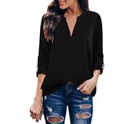 Chiffon Bluse Damen 3/4 Arm - Hemd Damen Arbeitshemd T Shirt V Ausschnitt Elegant Oberteile Hemdbluse Einfarbig Lose Blusenshirt Longbluse Hemden Tops