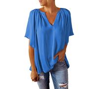 Chiffon Bluse Damen Elegant, T Shirt Damen V Ausschnitt,Oberteile Damen Sommer Halbarm Fledermaus Tunika Top Longbluse Lässig Locker Tshirt Leicht Einfarbig T-Shirts Blusen & Tuniken für Frauen
