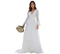 Chiffon Brautkleider Langarm Hochzeitskleider Spitze Abendkleider A-Linie Brautmode K-Elfenbein,DE50