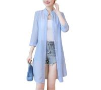 Chiffon Cardigans für Damen Chiffon Strandbluse Lange Transparente Strickjacke mit V Ausschnitt Kragen Knopfleiste Elegante Bluse In Unifarbe für Business Casual Büro Hellblau Größe L