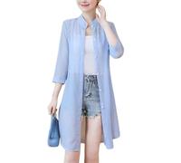 Chiffon Cardigans für Damen Chiffon Strandbluse Lange Transparente Strickjacke mit V Ausschnitt Kragen und Knopfleiste Elegante Bluse In Unifarbe für Business Casual Büro Hellblau XL