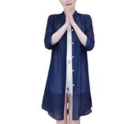 Chiffon Cardigans für Damen Chiffon Strandbluse Lange Transparente Strickjacke mit V Ausschnitt Kragen und Knopfleiste Elegante Bluse In Unifarbe für Business Casual Büro Marineblau XXL