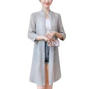 Chiffon Cardigans für Damen Chiffon Strandbluse Lange Transparente Strickjacke mit V Ausschnitt Kragen und Knopfleiste Elegante Bluse In Unifarbe für Business Casual Büro Hellgrau XL