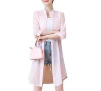 Chiffon Cardigans für Damen Chiffon Strandbluse Lange Transparente Strickjacke mit V Ausschnitt Kragen Knopfleiste Elegante Bluse In Unifarbe für Business Casual Büro Hellrosa XL