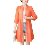 Chiffon Cardigans für Damen Chiffon Strandbluse Langer Transparenter Cardigan mit V Ausschnitt Kragen Knopfleiste Elegante Bluse In Unifarbe für Business Casual Büro Orange Rot XXL