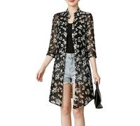 Chiffon Cardigans für Damen Geblümtes Chiffon Strandhemd Langer Transparenter Cardigan mit V Ausschnitt Kragen Knopfleiste Elegante Bluse In Unifarbe für Business Casual Büro Schwarzer Print XL