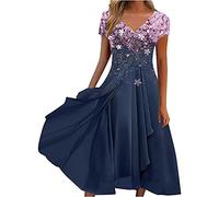 Chiffon Cocktailkleid Damen Kleider Spitzenkleid Blumen Sommer Kleid V-Ausschnitt Kurzarm Rüschen Festlich Ballkleid Flowy A Linie Plus Size Hochzeit Midi Abendkleider
