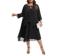 Chiffon-Kleid und Jacke, Übergröße, 2-teiliges Set mit Perlen und Rundhalsausschnitt, für formelle Hochzeitsgäste, Schwarz, 52