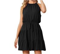 Chiffon-Sommerkleid für Frauen mit Rundhalsausschnitt, ärmellose Damenkleider, solide Schnürspleißrock, Kurze Kleider