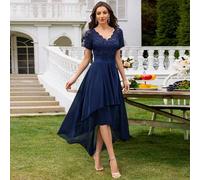 Chiffonabendkleid mit floraler Spitze, V-Ausschnitt, Raffung und asymmetrischem Saum für Partys