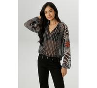 Chiffonbluse ANISTON SELECTED, Damen, Gr. 44, bunt (sanftes weiß, schwarz, orange), Chiffon, Obermaterial: 100% Polyester, bedruckt, geblümt, gemustert, lässig geschnitten, Rundhals, Raglanärmel, Blus