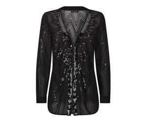 Chiffonbluse GOLDNER "Edle Pailletten-Jacke mit V-Ausschnitt", Damen, Gr. 38, schwarz (schwarz, beere, gemustert), Obermaterial: 100% Polyester PES., V-Ausschnitt, Blusen Chiffonbluse, Pailletten (560